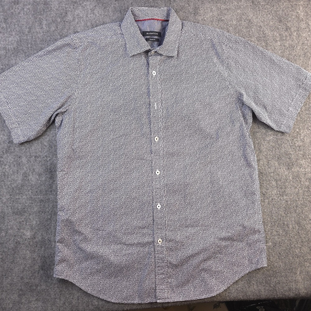 Bugatchi Shirt Medium Classic Fit White Geometric Short‎ Sleeve Button Up Cotton